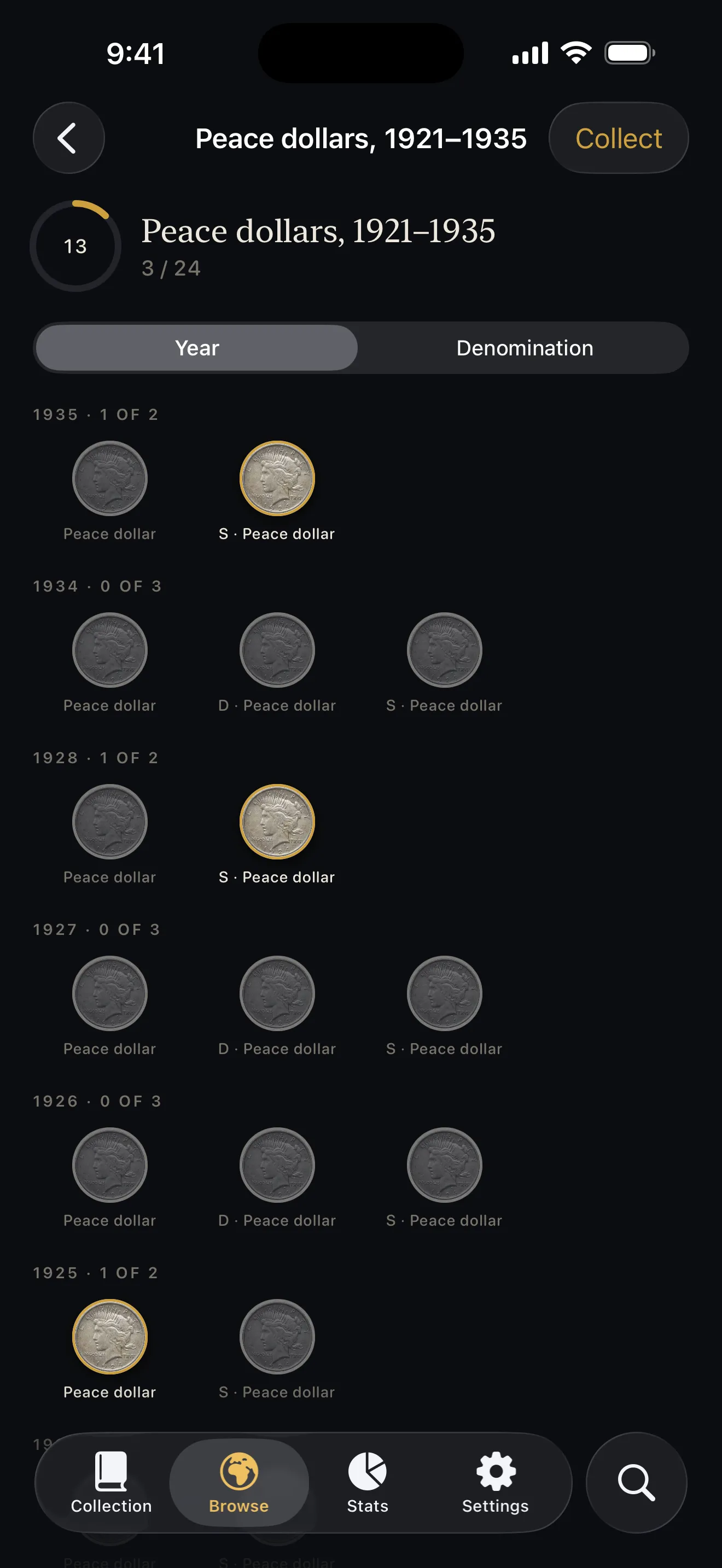 The Peace dollars set in Numizmat, Year tab, with several coins marked owned and a completion ring